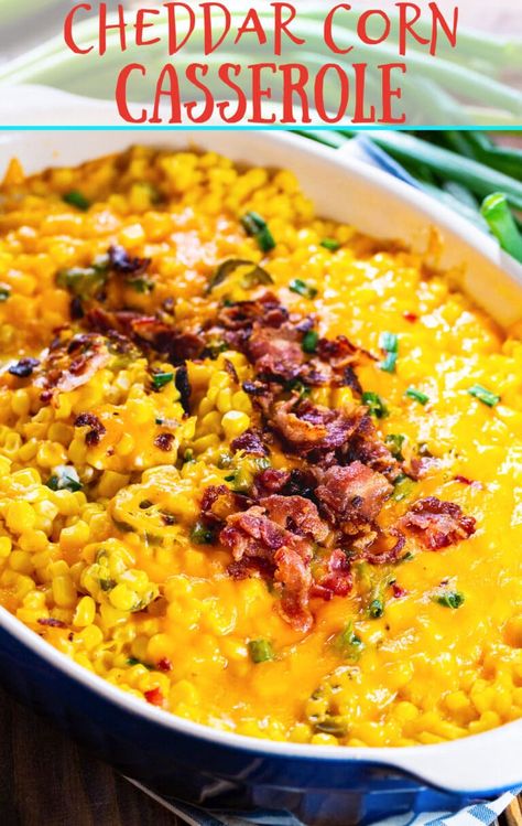 Cheddar Corn Casserole- easy to make holiday casserole made with canned corn. Cheddar Corn Casserole, Cheddar Corn, Spicy Southern Kitchen, Pickled Jalapenos, Corn Casserole Recipe, Veggie Casserole, Southern Kitchen, Vegetable Casserole, Corn Casserole