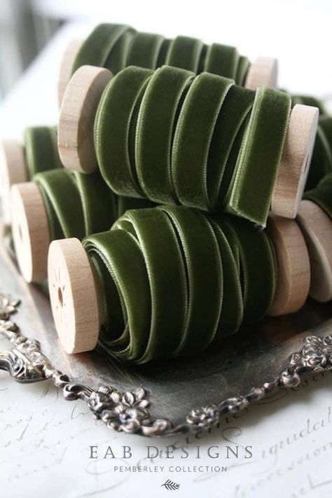 Wedding Favors Food, Green Velvet Ribbon, Preserved Boxwood Wreath, Gift Wrapping Wedding, Olive Velvet, Custom Pillow Covers, Christmas Decor Inspiration, Bridal Jewelry Collection, Wooden Spools