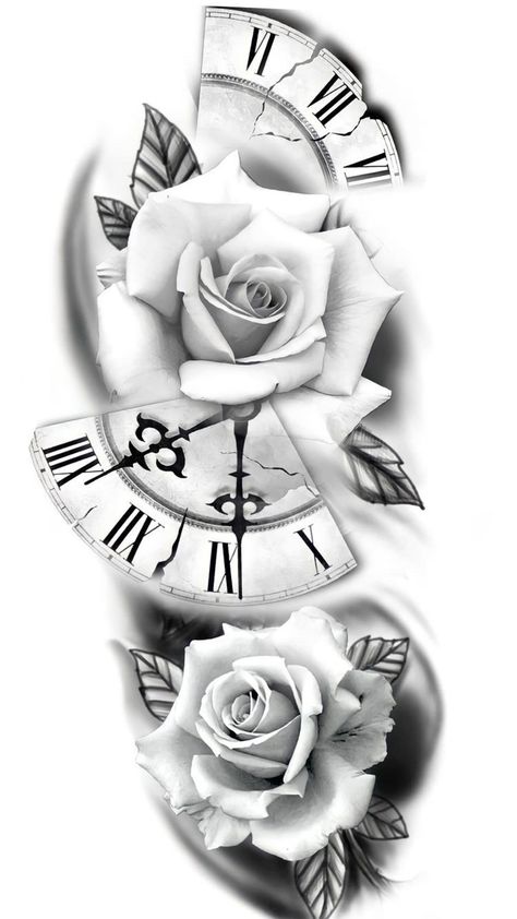 Family Tattoo Ideas For Men And Women, Rose And Clock Tattoo Stencil, Clocks And Roses Tattoo, Rose And Clock Tattoo Design, Tattoo Clock Design, Rose Drawing Tattoo Realistic, Rose Clock Tattoo Design, Unique Half Sleeve Tattoos For Women Meaningful, Clock Rose Tattoo Design