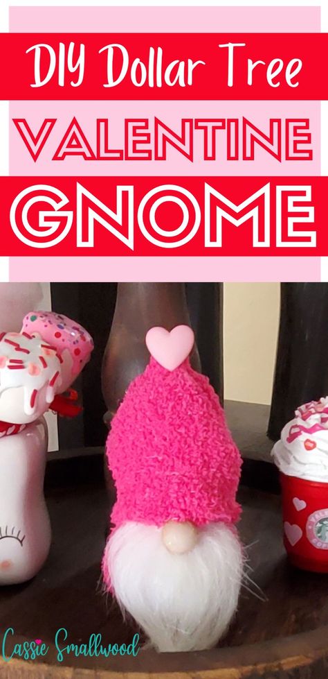 DIY Dollar Tree sock gnome for Valentine's Day decor Dollar Tree Sock Gnome, Valentine Gnomes Diy How To Make Easy, Gnome Valentine Craft, Valentines Day Gnomes Diy, Valentine Gnomes Diy, Valentines Gnomes, Sock Gnomes, Dollar Tree Valentine Crafts, Valentines Socks