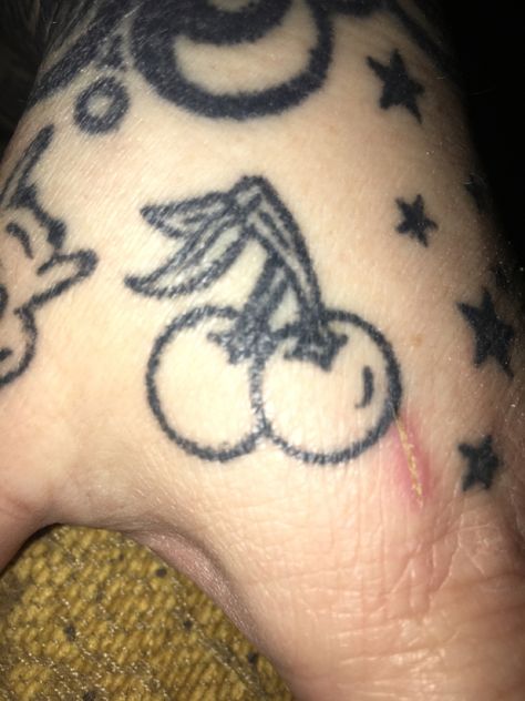 Stick N Poke Sleeve, Bat Stick And Poke, Cherry Stick And Poke, Stick N Poke Tattoos Grunge, Thigh Stick And Poke, Cool Stick And Poke Tattoos, Stick N Poke Ideas, Easy Stick And Poke Tattoo, Stick And Poke Ideas