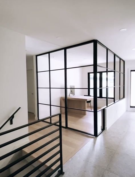 Home Office Glass Wall Design, Home Office Glass Partition, Loft With Glass Wall, Glass Enclosed Office, Home Office Glass Wall, Home Office Glass Doors, Glass Wall Office, Warehouse Living, Shed Office