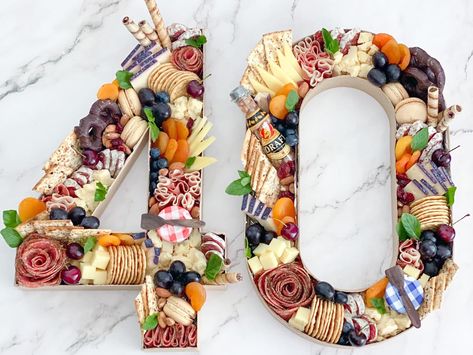 40th Food Ideas, Charcuterie Board For 40th Birthday, 40th Birthday Desert Table, 40th Birthday Brunch For Men, 40 Birthday Charcuterie Board, Number 40 Charcuterie Board, Charcuterie Board For 30th Birthday, Rock And Roll Charcuterie Board, 3rd Birthday Charcuterie Board