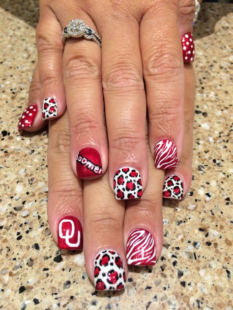 OU Boomer Sooner Nails Oklahoma Sooners Nails, Softball Acrylic Nails, Ou Football Nails, Ou Nails Boomer Sooner Nailart, Boomer Sooner Wallpaper, Ou Nails Boomer Sooner, Oklahoma Sooners Softball, Football Nail Designs, Football Nail Art