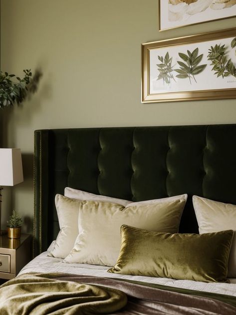 Olive And Gold Bedroom, Olive Green Headboard, Green Velvet Headboard, Olive Green Aesthetic, Green Bedroom Decor Ideas, Olive Green Bedroom, Plum Bedroom, Olive Green Bedrooms, Bedroom Colours