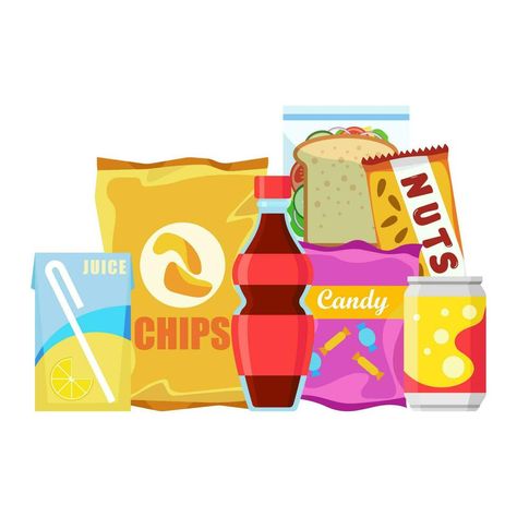 Snack product set, fast food snacks, drinks, nuts, chips, cracker, juice, sandwich isolated on white background. Unhealthy junk food. Flat illustration in vector. Unhealthy Food Snacks, Snacks Unhealthy, Snacks Illustration, Snacks Cartoon, Snack Product, Food Shelf, Food Project, Unhealthy Snacks, Movie Snacks