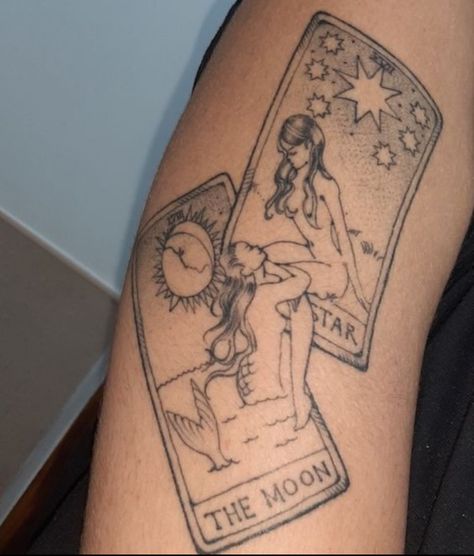 The Sun And The Moon Tattoo Tarot, Tarot Matching Tattoos, The Lovers Tarot Lesbian Tattoo, Celestial Goddess Tattoo, Love Is Art Tattoo, Tattoo Ideas Feminine Energy, Big Aesthetic Tattoos, Ethereal Tattoos Arm, Hippie Thigh Tattoo