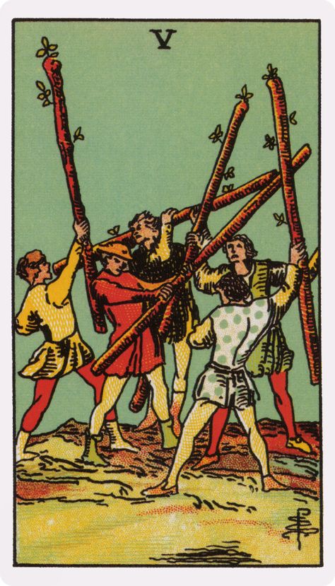 The Original Rider Waite Deck, By Arthur Edward Waite & Pamela Colman Smith. Five of Wands. Tarot Widget, Best Tarot Decks, Five Of Wands, Zelda Fitzgerald, Emily Brontë, Pentacles Tarot, Wands Tarot, Tarot Significado, 78 Tarot Cards