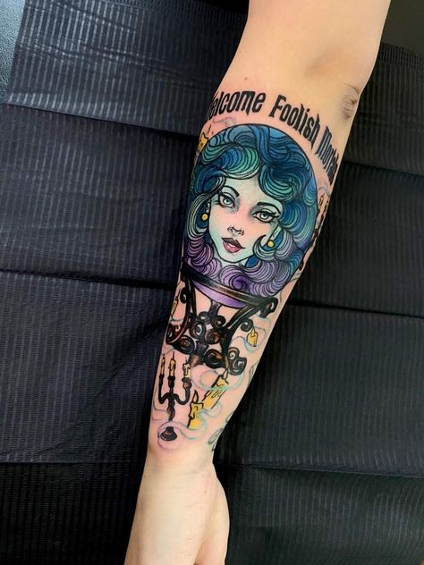 Haunted Mansion Tattoo Ideas, Madam Leota Tattoo, Haunted Mansion Tattoos, Disneyland Tattoo, Halloween Disney Tattoo Ideas, Disney Haunted Mansion Tattoo, Haunted Mansion Tightrope Walker Tattoo, Disney Halloween Tattoos, Madame Leota Tattoo