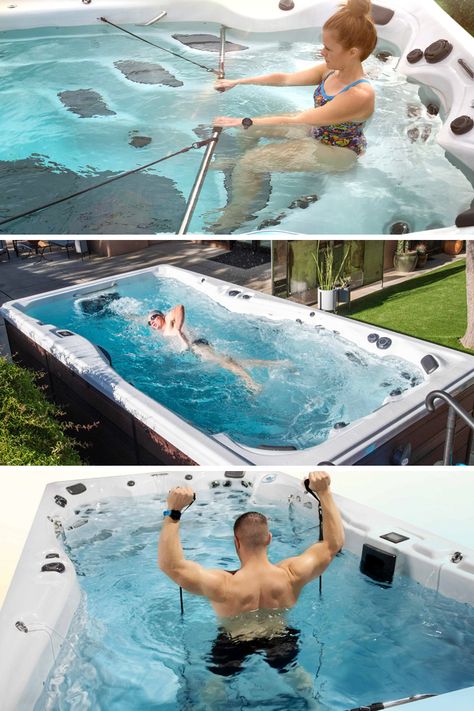 Swim Spa Accessories, Hot Tub Exercises Fitness, Swim Spa Exercises, Swim Spa Workouts, Master Spa Swim Spa, Hot Tub Exercises, Swim Spa Backyard Ideas, Swim Spa Deck, Therapy Pools