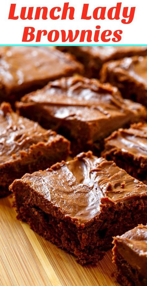 Lunch Lady Brownies- A classic recipe for fudge, chewy brownies with icing. Brownies For A Bunch, School Lunch Brownies, Lunch Ladies Brownies, Bakery Brownies Recipe, Lunch Lady Brownies Sheet Pan, Lunch Lady Brownie Frosting, Brownies With Icing, Lunchlady Brownies, Recipe For Fudge