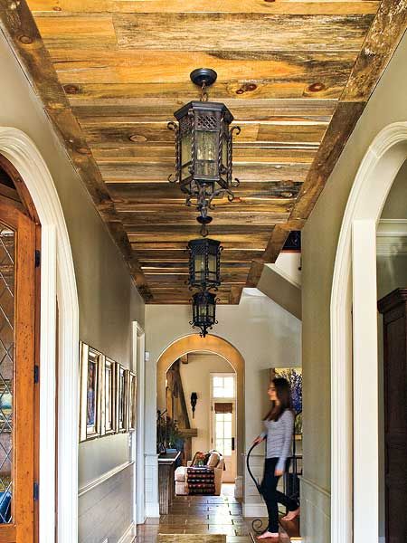 Love the reclaimed wood on the ceiling! It's all about the details. Reclaimed Wood Ceiling, Pallet Ceiling, Be Design, Family Room Fireplace, Entry Hallway, Salvaged Wood, Wood Ceilings, The Ceiling, Outdoor Lanterns