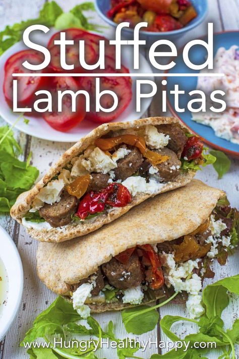 Fluffy pita bread pockets stuffed with hummus, tzatziki, salad and roasted vegetables and then topped with freshly grilled mint lamb kofta and a sprinkling of feta. This Stuffed Lamb Pita recipe is seriously loaded and will take your lunch times to the next level. Great for serving up to a crowd and can be easily cooked on a BBQ too.  #lamb #pita #gyros #greek #mediterranean Lamb Pita Recipes, Lamb Pita Pockets, Lamb Pita, Tzatziki Salad, Bread Pockets, Pita Recipe, Stuffed Lamb, Lamb Kofta, Mediterranean Foods