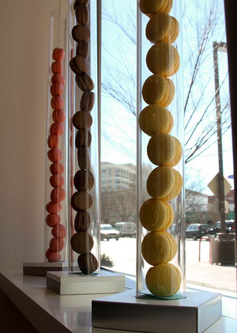 all stacked up Macarons Display, Macaron Display Ideas, Macaron Display, Macaron Store, Boutique Patisserie, Cake Shop Design, Patisserie Shop, Chocolate Stores, Bakery Interior