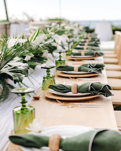 Meet us in paradise 🌴 Event Design & Coordination @whiteorchidwedding Venue @gatheronmaui Photography @marylanestudios Florals @bellabloommaui Rentals @rioeventdesign Calligraphy @alohahandlettering Tabletop @tabletopmaui Napkins @revemaui Beauty @loveandbeautymaui Tropical Wedding Table Decor Place Settings, Tropical Wedding Place Setting, Palm Leaf Place Setting Wedding, Tulum Jungle Wedding, Jungle Wedding Theme, Maui Wedding Dress, Tropical Wedding Detail Shots, Maui Photography, Jungle Wedding