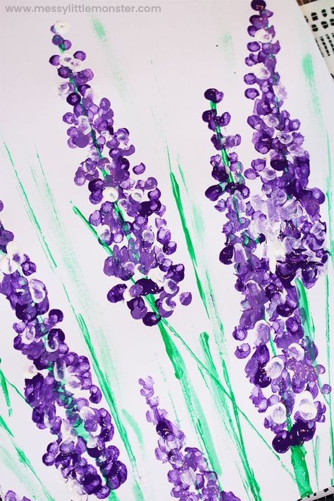 How to paint lavender Cotton Bud Painting Flowers, Cotton Bud Painting Ideas, Cotton Dabbing Painting Ideas, Cotton Dabbing Painting, Earbud Painting For Kids, Q Tip Flowers, Dab Painting, Impressionist Paintings Easy, Painting With Q Tips