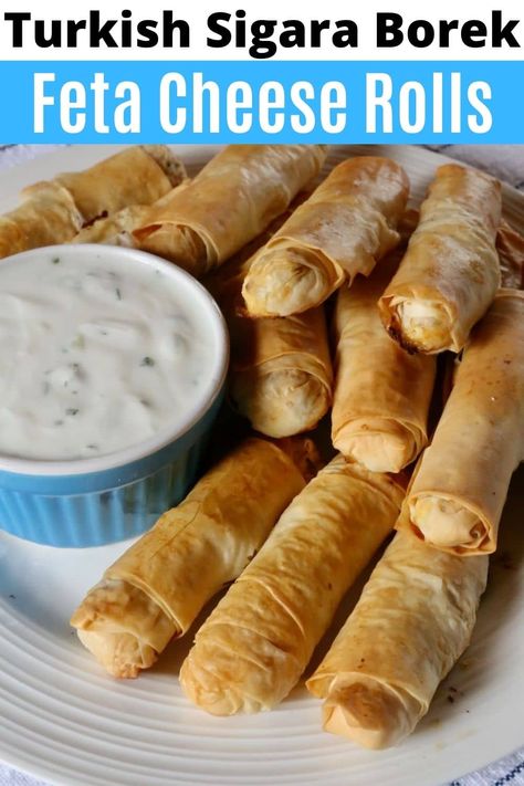 Turkish Cheese Rolls, Appetizers With Filo Dough, Cheese Borek Recipe Turkish, Turkish Cigars Recipe, Feta Cigars, Borek Recipe Turkish, Feta Phyllo Rolls, Filo Dough Recipes, Phyllo Feta