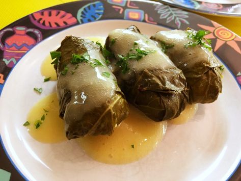 Greek Dolmades with Avgolemono Sauce Grape Leaves Recipe Lebanese, Greek Lemon Sauce, Greek Dolmades, Dolmades Recipe, Grape Leaves Recipe, Salad Appetizer Cups, Recipe With Lemon, Stuffed Grape Leaves, Meat Appetizers