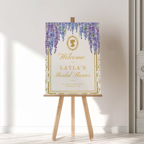 Welcome guests to your Bridgerton-inspired bridal shower with our Wisteria Themed Welcome Sign Canva Template! Featuring elegant wisteria blooms and Regency-era charm, this customizable template sets a sophisticated tone for your celebration. Personalize with your event details and print to create a warm and stylish greeting for your guests. Perfect for adding a touch of Bridgerton elegance to your bridal shower. Let the festivities begin! ❗❗𝗜𝗠𝗣𝗢𝗥𝗧𝗔𝗡𝗧❗❗ Some Canva elements in this templ Bridgerton Bridal Shower Ideas, Bridgerton Party, Welcome Sign Bridal, Bridal Shower Inspo, Bridal Shower Sign, Themed Bridal Shower, Bridal Shower Welcome Sign, Shower Welcome Sign, Bridal Shower Signs