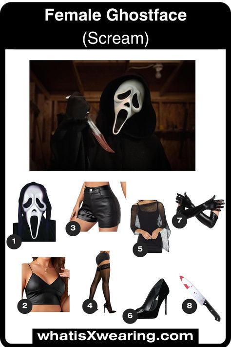 How to make a women's Ghostface Halloween costume from the hit horror franchise 'Scream'. Click the link and discover our fun and easy guide, perfect as a last-minute cosplay outfit. Halloween Makeup Ghostface, Female Scream Costume, Ghostface Costume Women, Female Scream, Scream Costume Woman, Ghostface Outfit, Ghostface Female, Scream Halloween Costume Women, Female Ghostface Costume