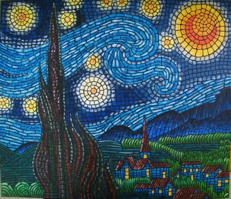 Starry Night Mosaic Pattern, Mosaic Painting Ideas, Easy Mosaic Art, Mosaic Art Ideas Easy, Starry Night Mosaic, Easy Mosaic Patterns, Mosaic Art Painting, Mosaic Art Ideas, Mosaicos Ideas