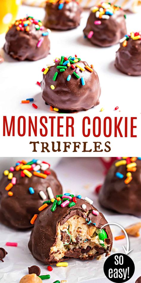 Monster Cookie Truffles, Oreo Ball Flavors, Monster Cake Balls, Chocolate Covered Balls, Cookie Dough Truffles No Bake, Fall Truffles, Monster Cookie Balls, Christmas Dessert Ideas Easy, Truffles Easy No Bake