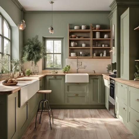 10 Sage Green Kitchen Ideas Sage Colour Kitchen, Sage Green Ikea Kitchen, Small Kitchen Ideas Sage Green, Light Green Kitchen Aesthetic, Sage Green Kitchen Wooden Worktop, Countryside House Kitchen, Sage Grey Kitchen, Green Kitchen Cottage Core, Green Kitchen Cottage