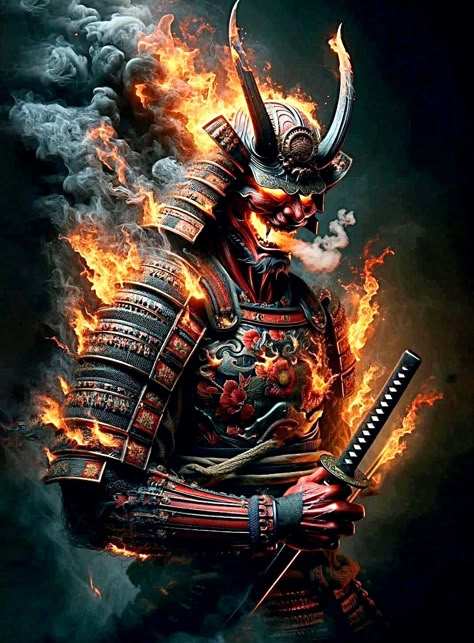 Samurai With Dragon, Traditional Japanese Samurai Tattoo, Fire Samurai, Evil Samurai, Japanese Warrior Art, Samurai Warriors 2, Arte Madi, Japanese Warrior Tattoo, Samurai Tattoo Sleeve