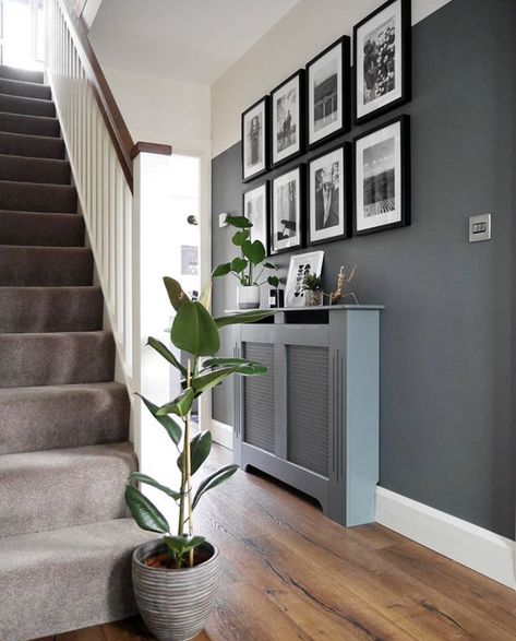 Hallway inspiration #hallway Grey Hallway Ideas Stairways, Hallway Landing Ideas, Grey And White Hallway, Grey Hallway Ideas, Hallway Colour Ideas, Ideas For Hallways, Entry Hallway Ideas, Landing Decor, Stairs And Hallway Ideas