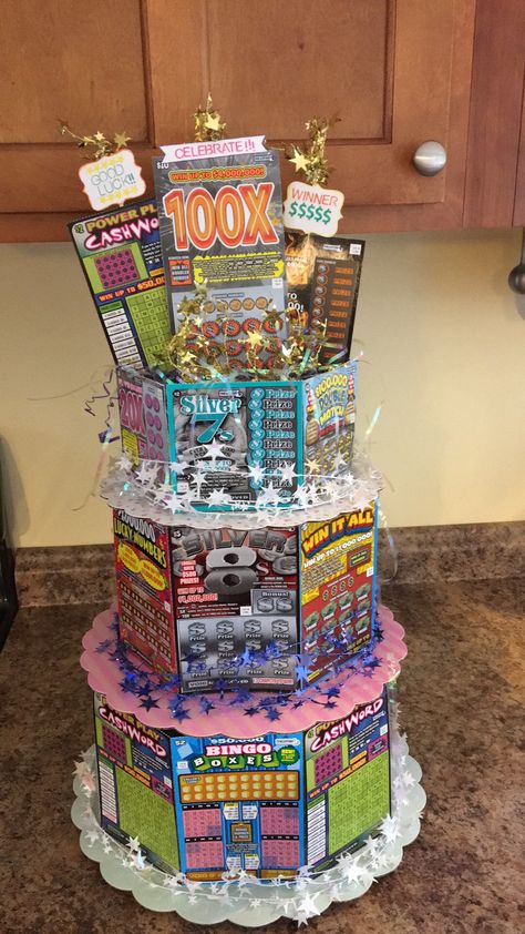 Lottery ticket cake for a jack and Jill raffle Lottery Ticket Cake, Lottery Ticket Gift, Auction Gift Basket Ideas, Diy Christmas Gifts For Boyfriend, Raffle Ideas, Raffle Basket, Boyfriend Gift Basket, Raffle Baskets, Lottery Ticket