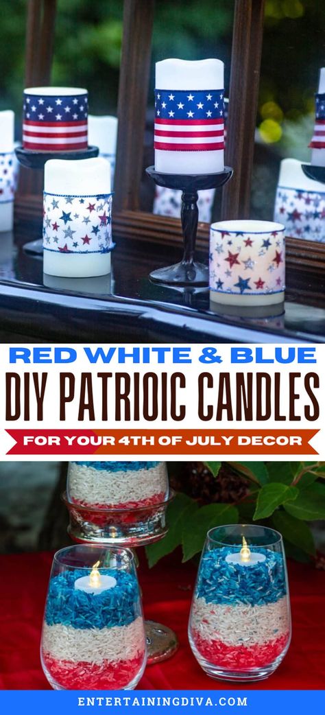 5 Easy And Inexpensive Ways To Make 4th of July Candles | Holidays and Events 4th Of July Decor Ideas, 4th Of July Party Ideas Decorations, 4th Of July Diy Decor, Patriotic Decor Ideas, Patriotic Table Decor, American Flag Diy, Simple Table Decorations, Summer Outdoor Decor, Halloween Haunted House Decorations