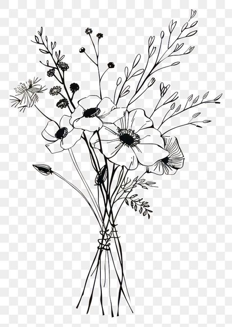 Flower Bouquet Line Art, Bouquet Line Art, Bouquet Drawing, Sketch Flower, Flower Black And White, Drawing Minimalist, Black Floral Pattern, Black And White Flower, Line Sketch