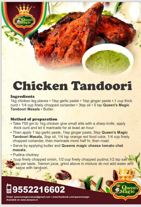 Chicken Tandoori Recipe by Queen's Magic Masala Indian Chicken Tandoori, Tandoori Masala Recipe, Chicken Tandoori Recipe, Diwali Creative, Chicken Seasoning Recipes, Chicken Starter, Tandoori Recipes, Healthy Food Chart, Mauritian Food