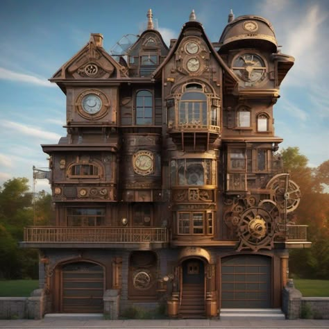 Steampunk Exterior, Steampunk Observatory, Steampunk House Exterior, Steampunk Building, Curiosity Box, World Creation, Steampunk Furniture, Concept Environment, Pagoda Lanterns