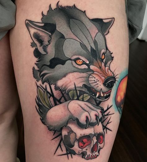 New School Wolf Tattoo, Neo Traditional Wolf Tattoo Design, Neo Traditional Wolf Tattoo, Neo Traditional Wolf, Scary Tattoo Ideas, Wolf Tattoo Traditional, Fenrir Tattoo, Worlds Best Tattoos, Scary Tattoos