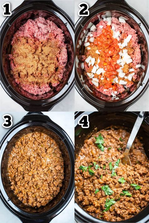 Slow Cooker Taco Meat is EASY to make, made with simple ingredients like ground beef, onion, salsa, and spices slow cooked until the flavors combine for the perfect easy dinner! Crockpot Recipes Beef Tacos, Recipes For Tacos Beef, Large Batch Taco Meat, Taco Meat In Slow Cooker, Ground Beef Taco Slow Cooker, Tacos Crockpot Beef, Authentic Mexican Ground Beef Tacos Recipes, Slow Cook Taco Meat, Best Beef Tacos Recipes