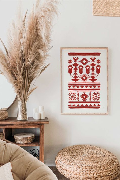 A hand-drawn illustration printed on natural matte fine art paper (240gsm) that produces rich, vibrant colour contrast for a true quality piece of art. The ornament from Krolevets woven towel in red on white, "home keeper", protect the home and brings abundance. Ukrainian Decor, Ukrainian Flowers, Folk Art Prints, European Folk Art, Art Ukraine, Authentic Decor, Ukrainian Style, Wall Art Dorm, Colour Contrast