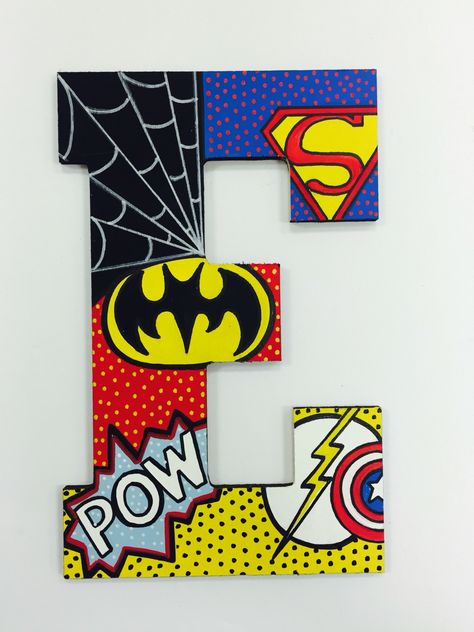 Superhero monogram $18 @theartroomandcrafts Batman Letters, Superhero Projects, Super Hero Letters, Superhero Alphabet, Superhero Letters, Dibujos Toy Story, Cardboard Letters, Pop Art Images, Superhero Room