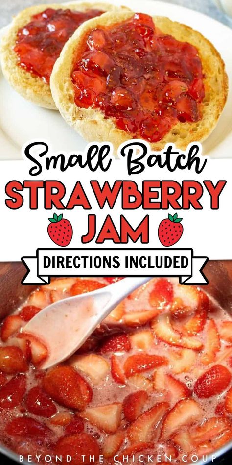 This homemade strawberry jam is quick, easy, and only uses two ingredients! This jam is perfectly spreadable and delicious and the perfect recipe for first-time jam makers. No need to can or freeze this jam. This recipe makes a small batch of strawberry jam that you can store in your fridge. Save this recipe today! Small Batch Strawberry Jam, Small Batch Jam, Strawberry Marmalade, Freezing Strawberries, Easy Strawberry Jam, Homemade Appetizer, Canning 101, Strawberry Jam Recipe, Homemade Strawberry Jam