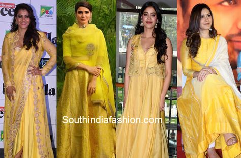 Yellow Is The Color Of The Season – 10 Celebrities Who Looked Stunning In Yellow!! Celebrities In Yellow, Yellow Outfit Indian, Lemon Yellow Lehenga, Floor Length Jacket, Yellow Top Outfit, Gaurang Shah, Ombre Dupatta, Gown Anarkali, Sheer Shrug