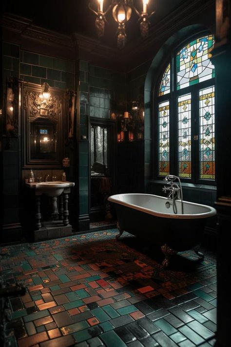 Old Victorian Homes Interior Bathroom, Clawfoot Tub Aesthetic, Dark Themed Bathroom, Victorian Homes Interior Bathroom, Victorian Gothic Bathroom, Victorian Bathroom Vintage, Dark Bathroom Aesthetic, Vibe Apartment, Dark Academia Bathroom