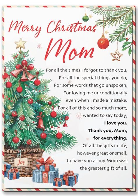 PRICES MAY VARY. THOUGHTFUL DESIGN: This Christmas card for Mom features a heartwarming and festive design that captures the spirit of the season. With its unique design, beautiful artwork, and carefully chosen words, this card will convey your love and appreciation for everything your mom does. The note cards are blank inside, allowing you to write your own heartfelt message. Create a lasting impression by including your personal style in your wording, making the card even more special PREMIUM QUALITY: Crafted with care, Merry Christmas card for mom is printed on high-quality, eco-friendly cardstock for a luxurious feel. This card will be a wonderful and meaningful way to express your love for your mother. Perfect Christmas Gift for Mom from Daughter, Son, Kids DETAILED SIZE INFORMATION: Gift For Mom For Christmas, Christmas Cards For Mom, Mom Christmas Card, Christmas Message For Family, Christmas Massage, Christmas Card For Mom, Merry Christmas Mom, Merry Christmas Greeting Cards, Christmas Card Writing