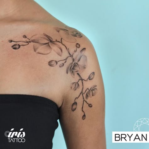 Orchid Tattoo On Shoulder, Orchid Collar Bone Tattoo, Orchid Arm Tattoos For Women, Orchid Tattoo Collar Bone, Orchid Shoulder Tattoo, Fine Line Orchid Tattoo, Under Collar Bone Tattoos, Orchid Flower Tattoos, Front Shoulder Tattoos