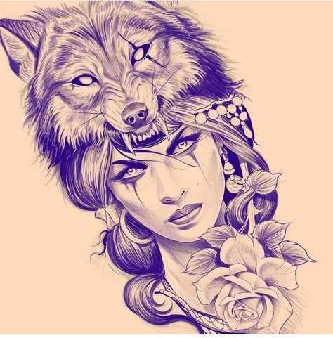 Tattoo designs gallery🖼🎨 on Instagram: “#tattooidea cool works from @danjones_tattoo . . If you want to order your custom tattoo design contact us in dm📩 ✔any style ✔any size…” Indian Tattoo Design Women, Wolf With Woman Tattoo, Wolf Tattoo For Women Leg, Wolf Leg Tattoos Women, Wolve Tattoo Woman, Wolf And Woman Tattoo, Wolf Tattoo Design For Women, Wolf And Girl Tattoo, Woman Wolf Tattoo