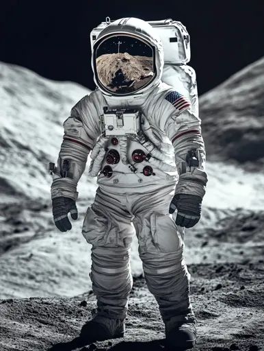 ↑↑↑ Larger size on website 🔸 An astronaut stands on the moon's surface, their reflection in their helmet showcasing the rugged lu Astronaut On The Moon, Astronaut Helmet, Moon Surface, Space Suit, On The Moon, The Unknown, Space Exploration, The Gray, In Space