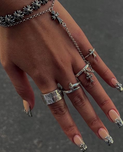 Chrome Rings, Chrome Hearts Jewelry, Chrome Hearts Ring, Ethereal Jewelry, Nails Accessories, Dope Jewelry Accessories, Rings And Bracelets, Nails Chrome, Dope Jewelry