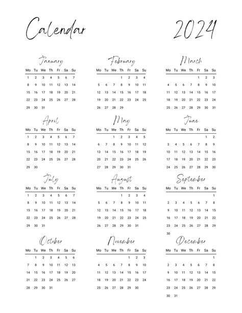 Use this customizable Black And White Minimalist 2024 Calendar template and find more professional designs from Canva. #black #white #blackandwhite #simple #minimal #minimalist #minimalistic #planner #list #calendar #2024 #blank #canva #template #business #yearly #monthly 2024 Calendar Template, Calendar Template 2024, 2024 Yearly Calendar, Calender 2024 Designs, Printable Calendar Design, Minimalistic Planner, Modern Calendar, Minimalist Calendar, Floral Cards Design