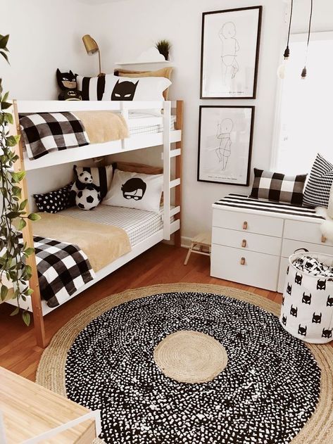 Boys Room Bunk Beds Small Bedrooms, Black And White Bunk Room, Bunk Beds Shared Room, Bunk Bed Superhero Room, Kids Bunkbed Ideas Small Room, Superhero Bedroom Bunk Beds, White Bunk Beds Shared Bedrooms, Toddler Boy Bunk Beds, White Bunk Beds Boys Room