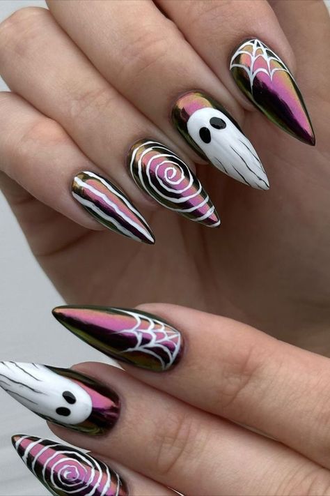 These nails by @_kcbeauty (IG) feature chromatic hues with ghost nail art, capturing the eerie essence of Halloween. The contrast between vibrant colors and spooky designs creates a bold and fun look, perfectly blending festive vibes with a touch of playful mystery. Discover the season's trendiest chrome fall nail designs and elevate your manicure game. From warm autumn tones to bold metallics, these 25 chrome-inspired nail ideas are perfect for your fall look! Ghost Nail Art, Ghost Nail, Fall Nail Design, Autumn Tones, Nail Art Pictures, Nail Design Ideas, Nail Art Wedding, Spooky Designs, Fall Nail