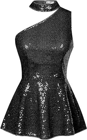 GRACE KARIN Women's Sparkly Sequin Tops Sleeveless Slim Fit Glitter Cocktail Blouse Sparkle One Shoulder Club Party Shirts Black Glitter Top, Sparkly Sequin Top, Black Party Tops, Cocktail Blouse, Sparkly Shirt, Sequin Peplum Top, Clubwear Tops, White Sheer Top, Sparkly Party